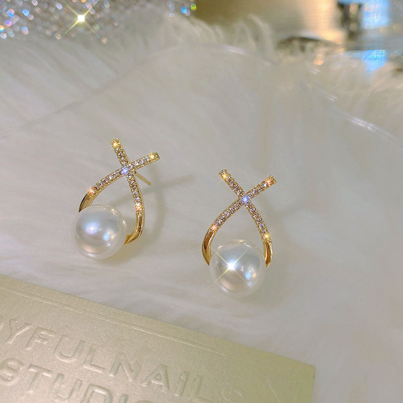 Golden Cross Pearl Zircon Earrings – Elegant Pearl Stud Earrings for Women