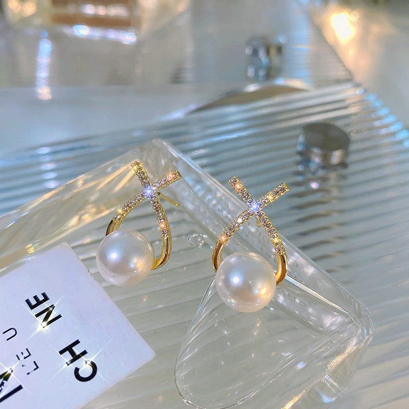Golden Cross Pearl Zircon Earrings – Elegant Pearl Stud Earrings for Women