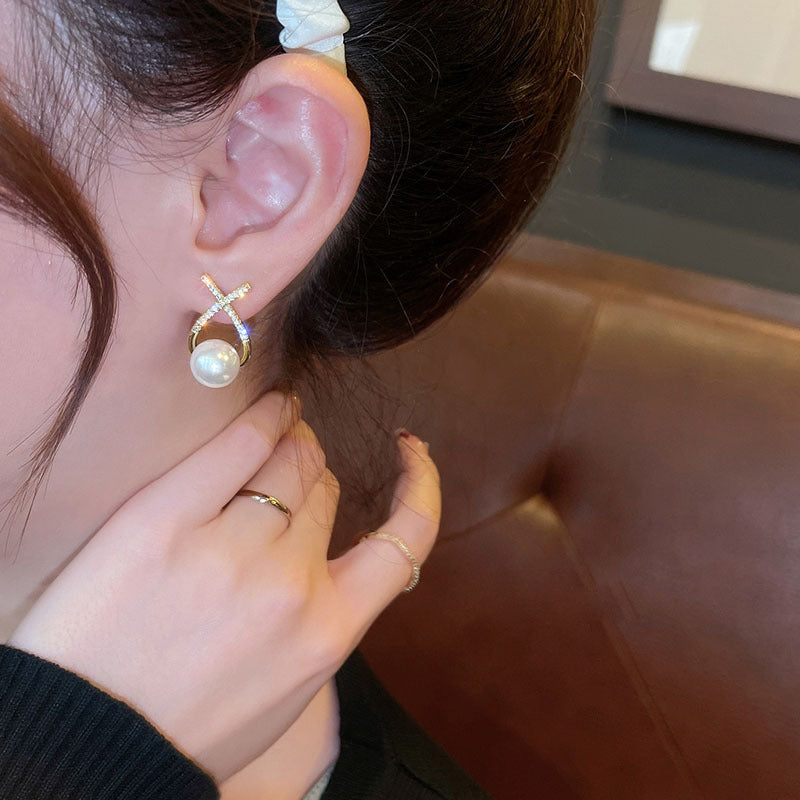 Golden Cross Pearl Zircon Earrings – Elegant Pearl Stud Earrings for Women
