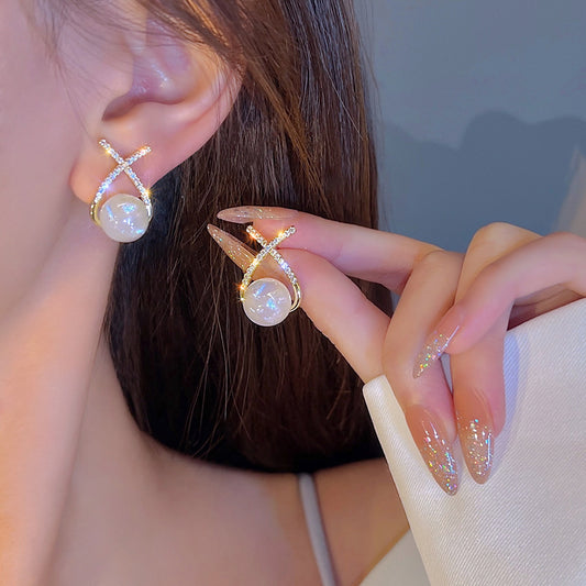 Golden Cross Pearl Zircon Earrings – Elegant Pearl Stud Earrings for Women